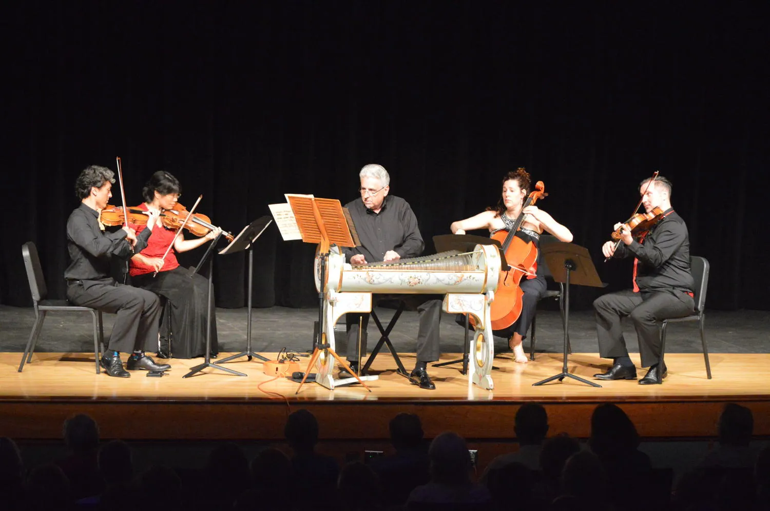 Dennis James at the glass armonica with four string players on stage, the audience in silhouette