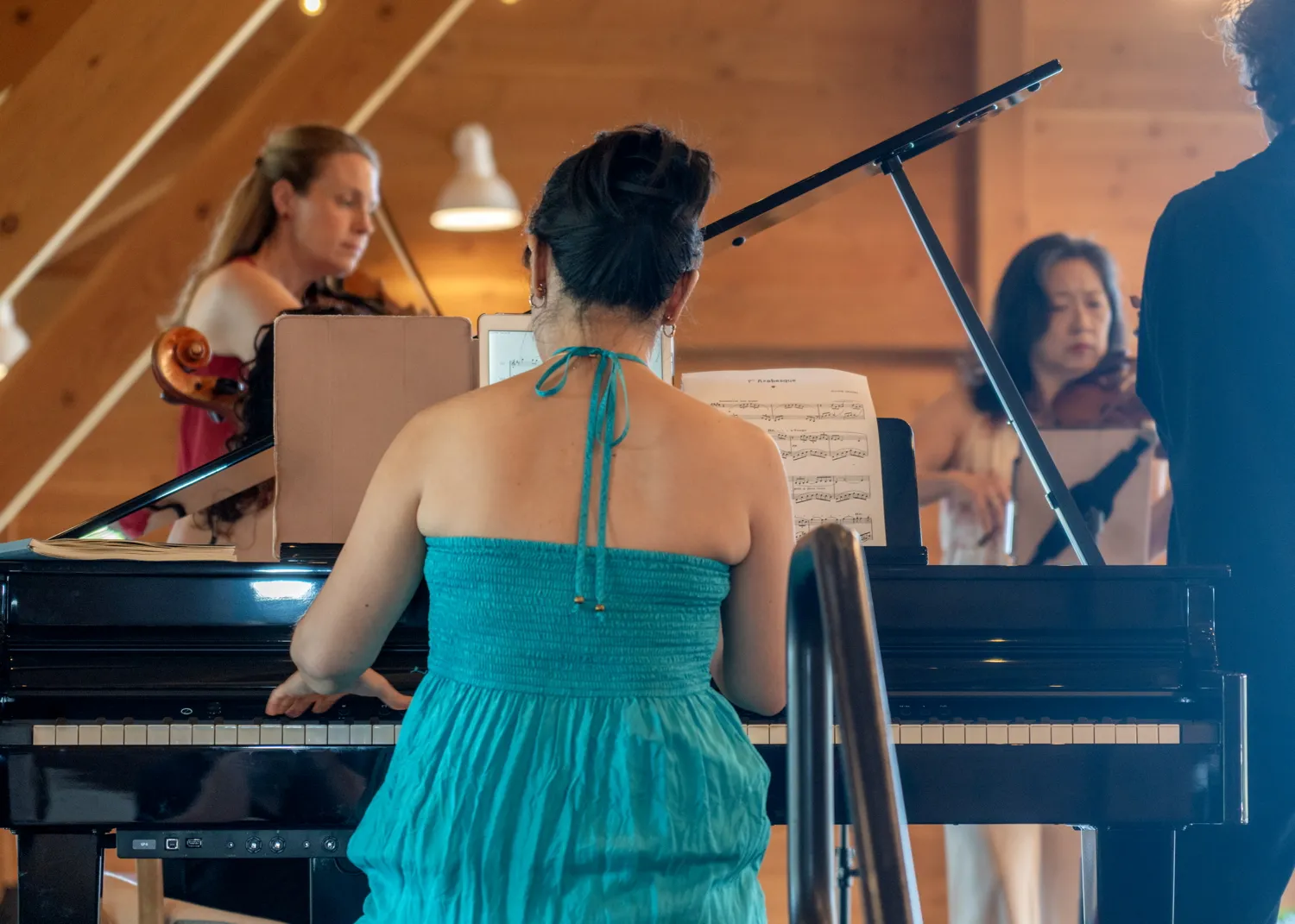 A pianist seen from behind, with string players beyond the piano