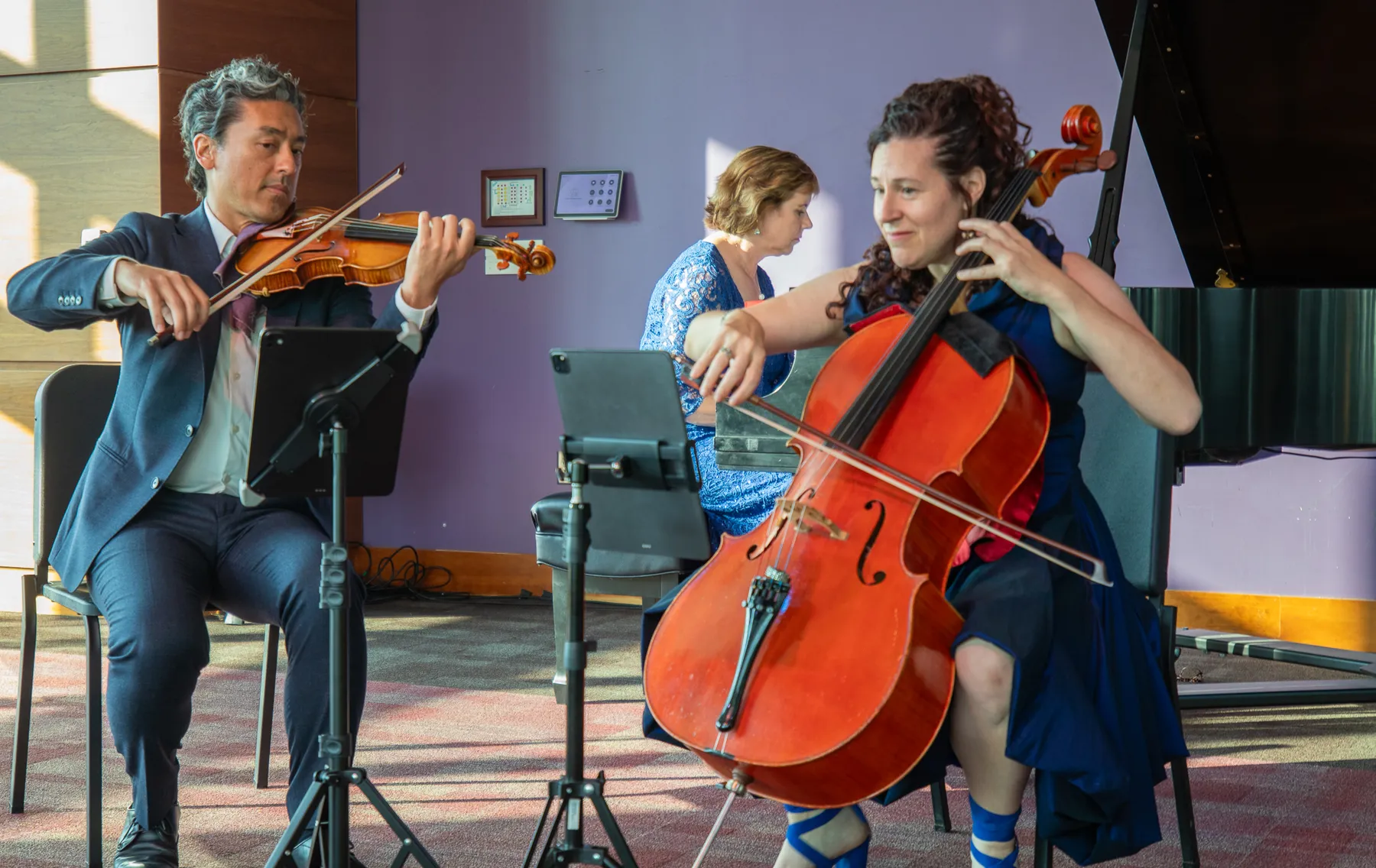 Violin, piano and cello trio performing by the windows